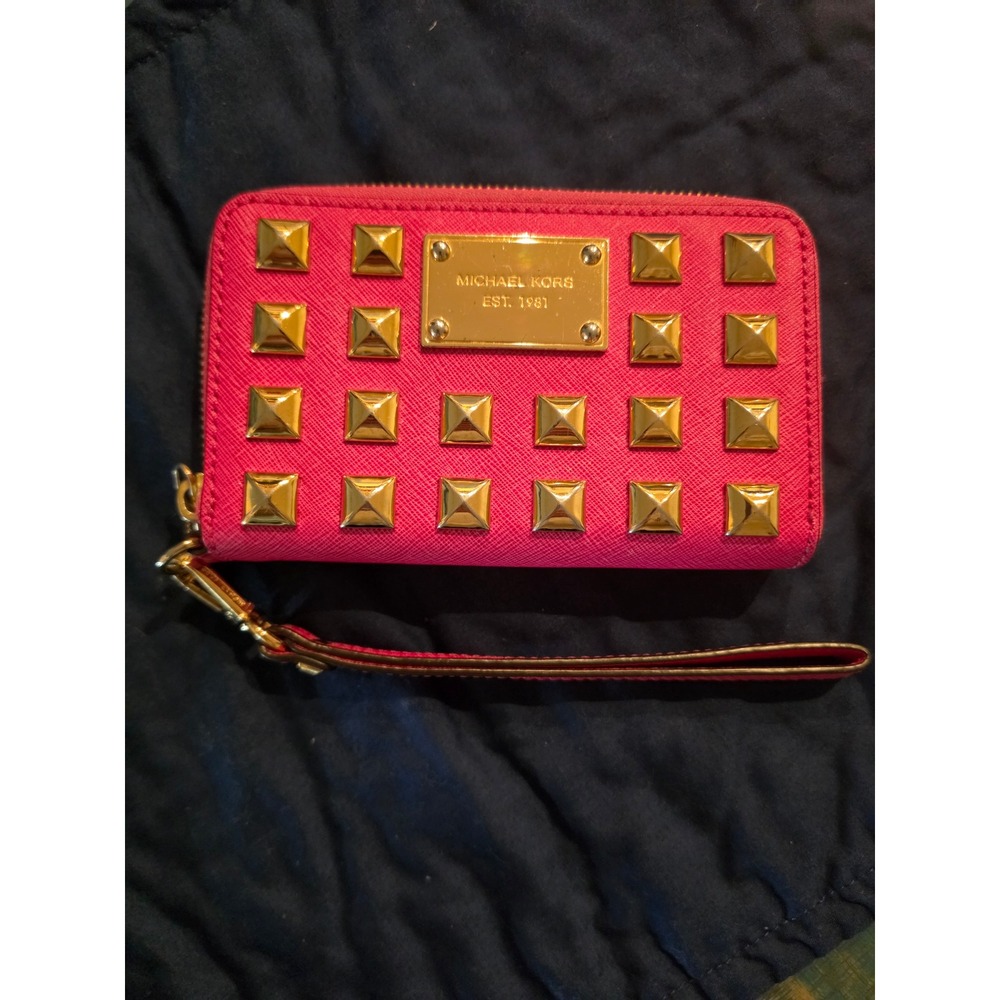 Michael Kors Pink Saffiano Leather Studded Zip Around Wristlet Wallet